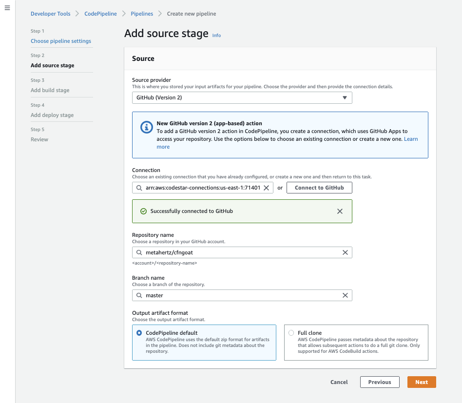 AWS CodePipeline Select Repo