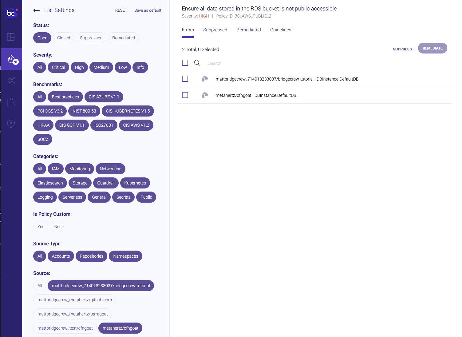 Filtering Incidents in the Bridgecrew dashboard