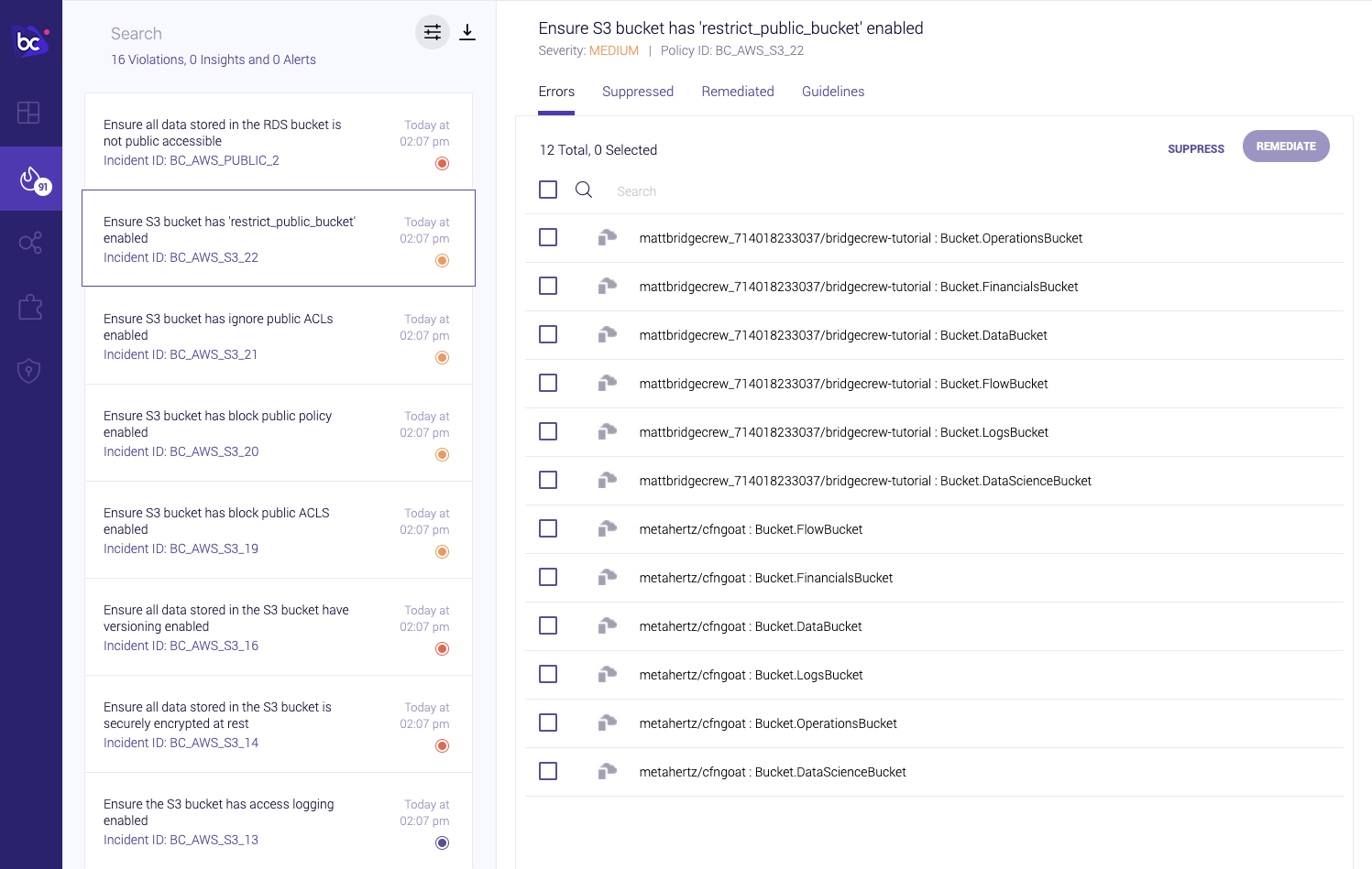 Showing multiple information sources in the Bridgecrew Dashboard