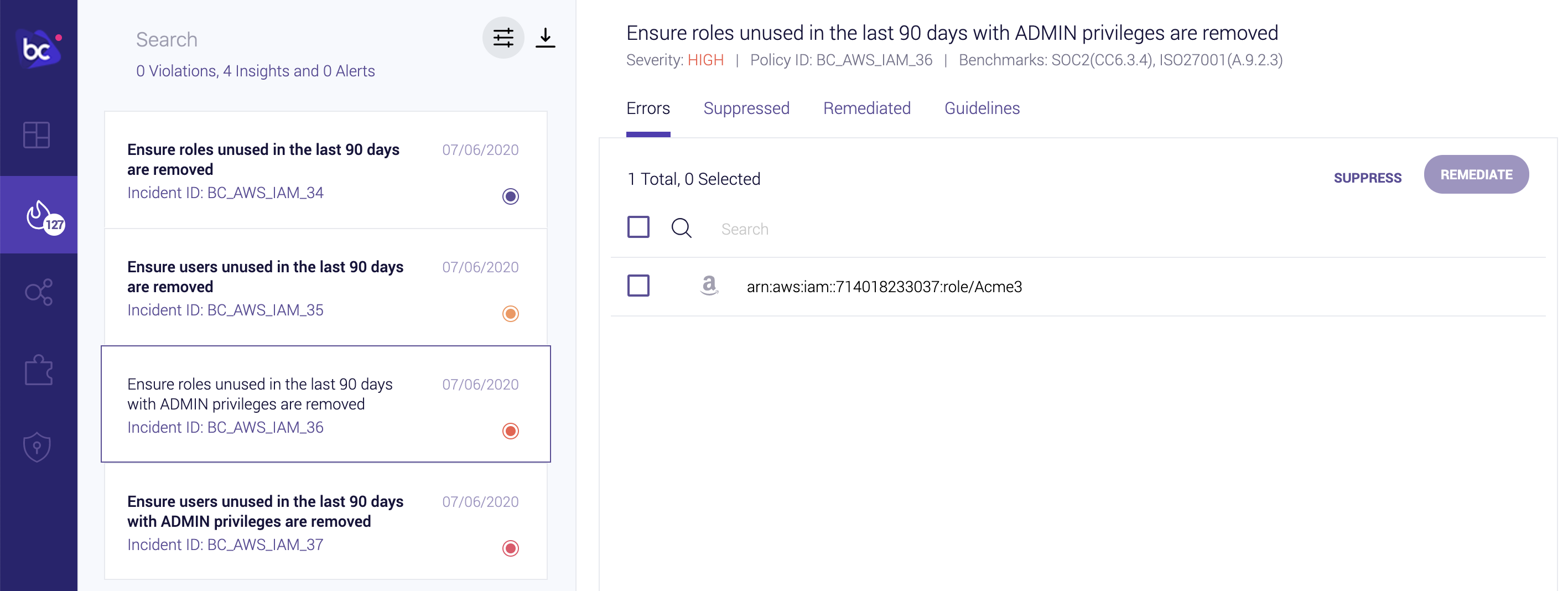 AWS Bridgecrew filter IAM Insights