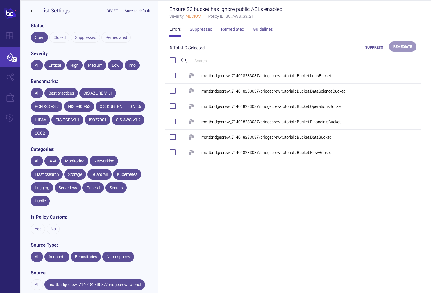 AWS Codebuild errors in Bridgecrew Dashboard