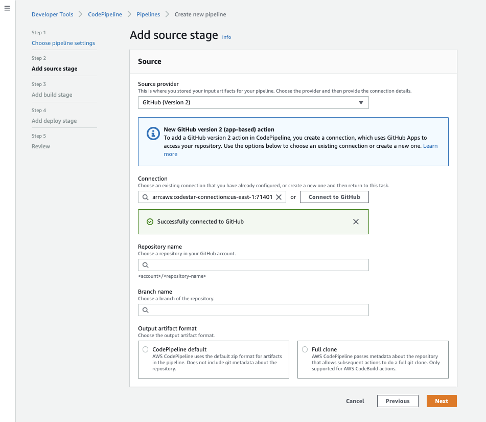 AWS CodePipeline Github connected OK